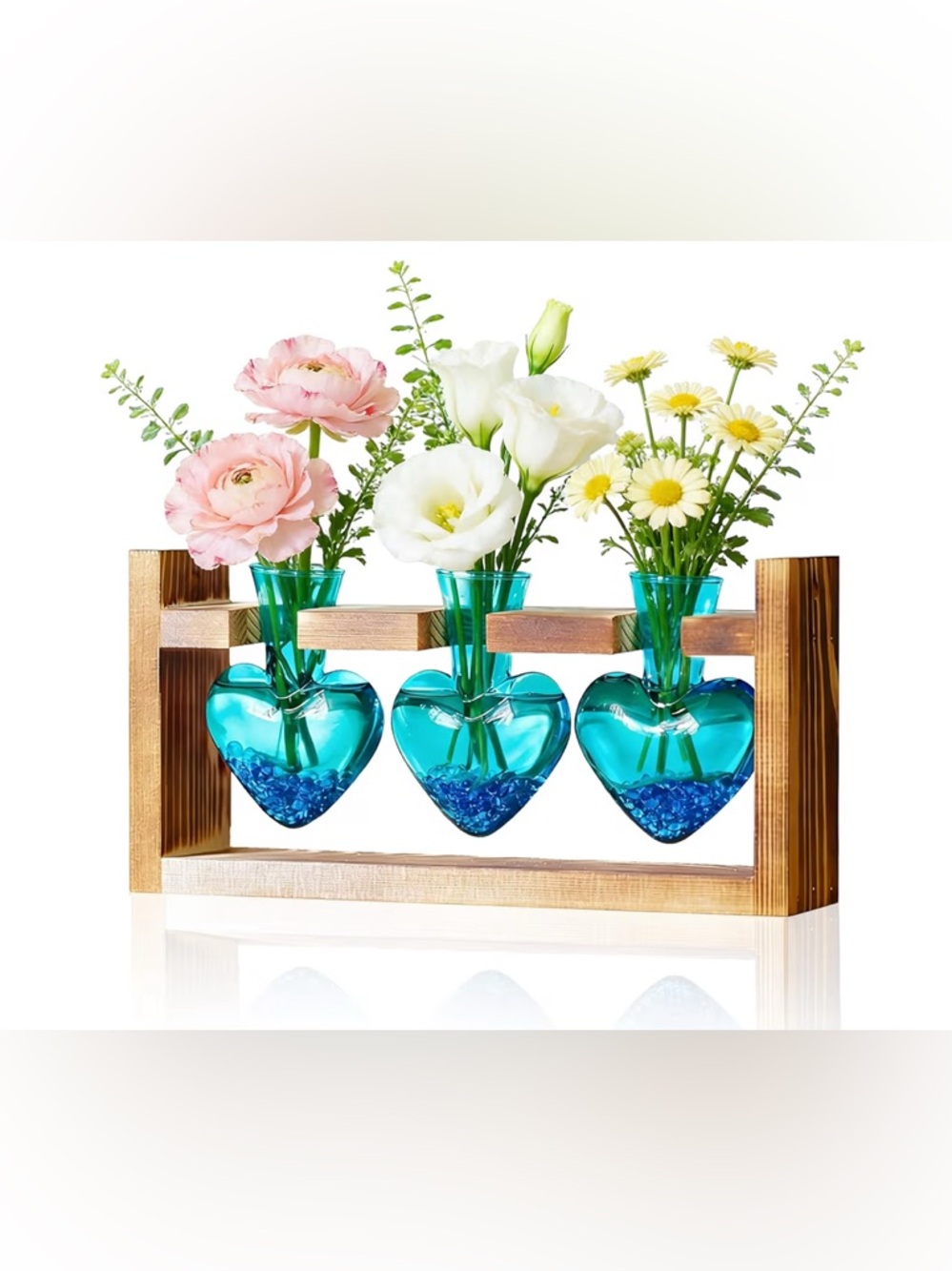 Turquoise Heart Glass Bud Vases with Wooden Frame - Set of 3